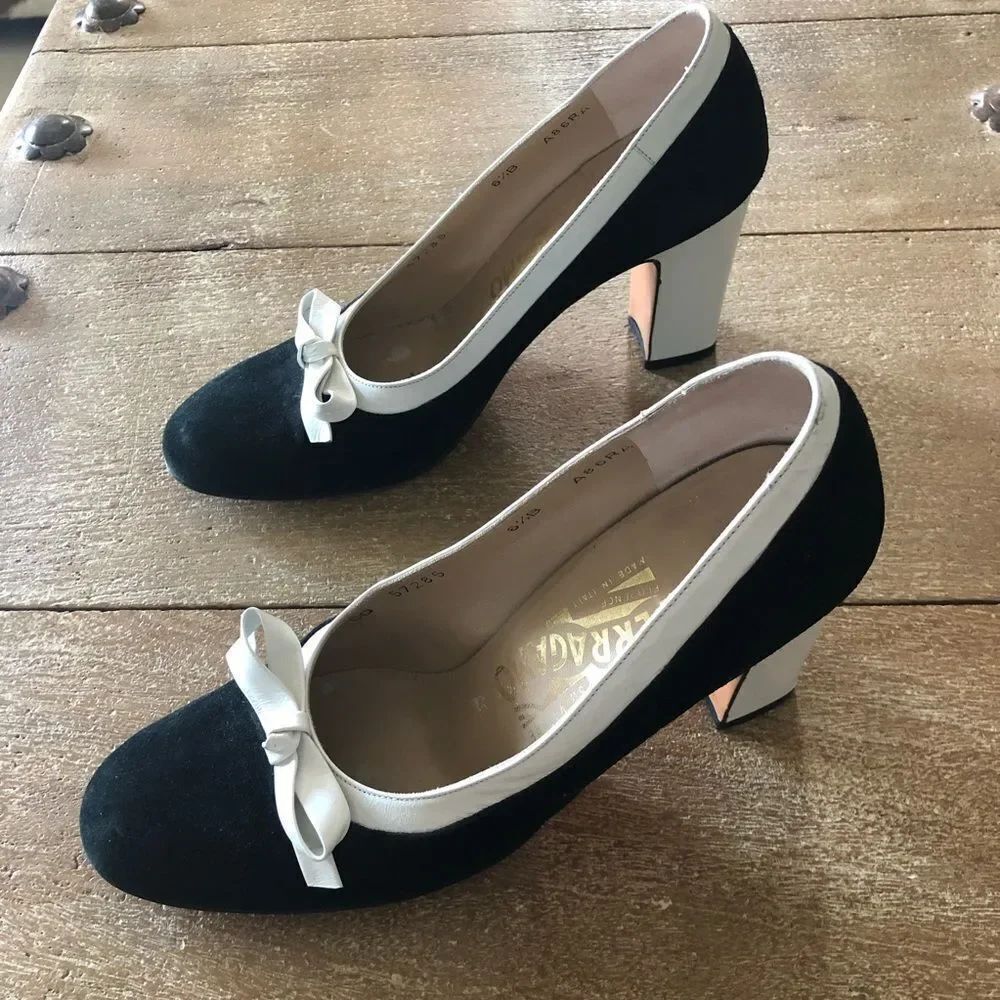 Salvador Ferragamo black white bow decor pumps 6.5